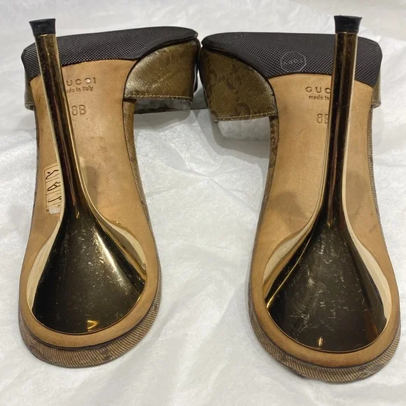 GUCCI Crystal Horsebit GG Heeled Monogram Gold Stiletto Mules size 8 & dust bag - Picture 5 of 17